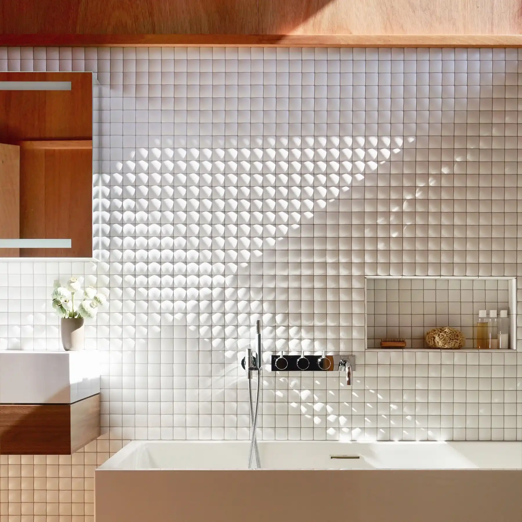 White grid tile bathroom with Ann Sacks tile in the Roger Lee designed Hargrove Residence, Berkeley