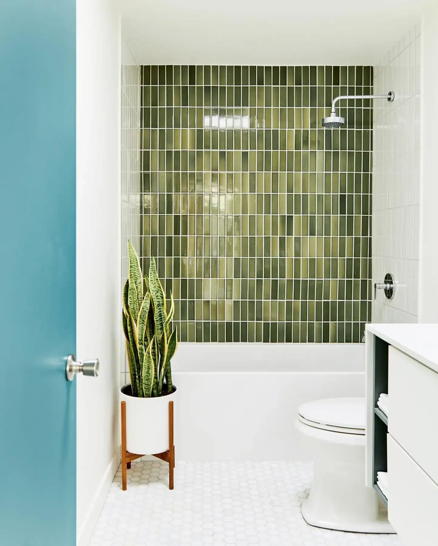 Green tile bath with teal door, Sandpiper condo, Palm Desert