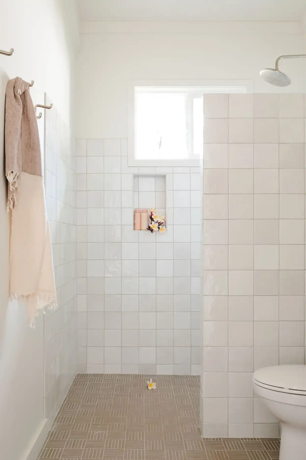 White tile shower, Anini Beach cottage, Kauai